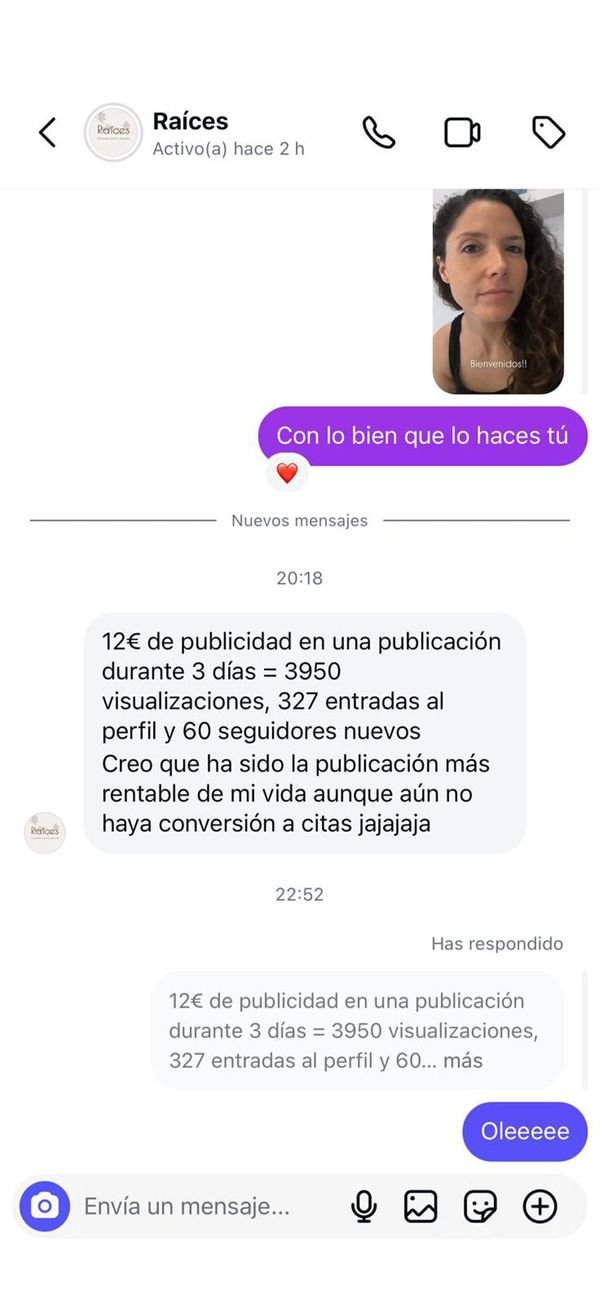 Mensaje de una alumna: 12 € de publicidad en una publicación durante 3 días, 3.950 visualizaciones, 327 entradas al perfil y 60 seguidores nuevos